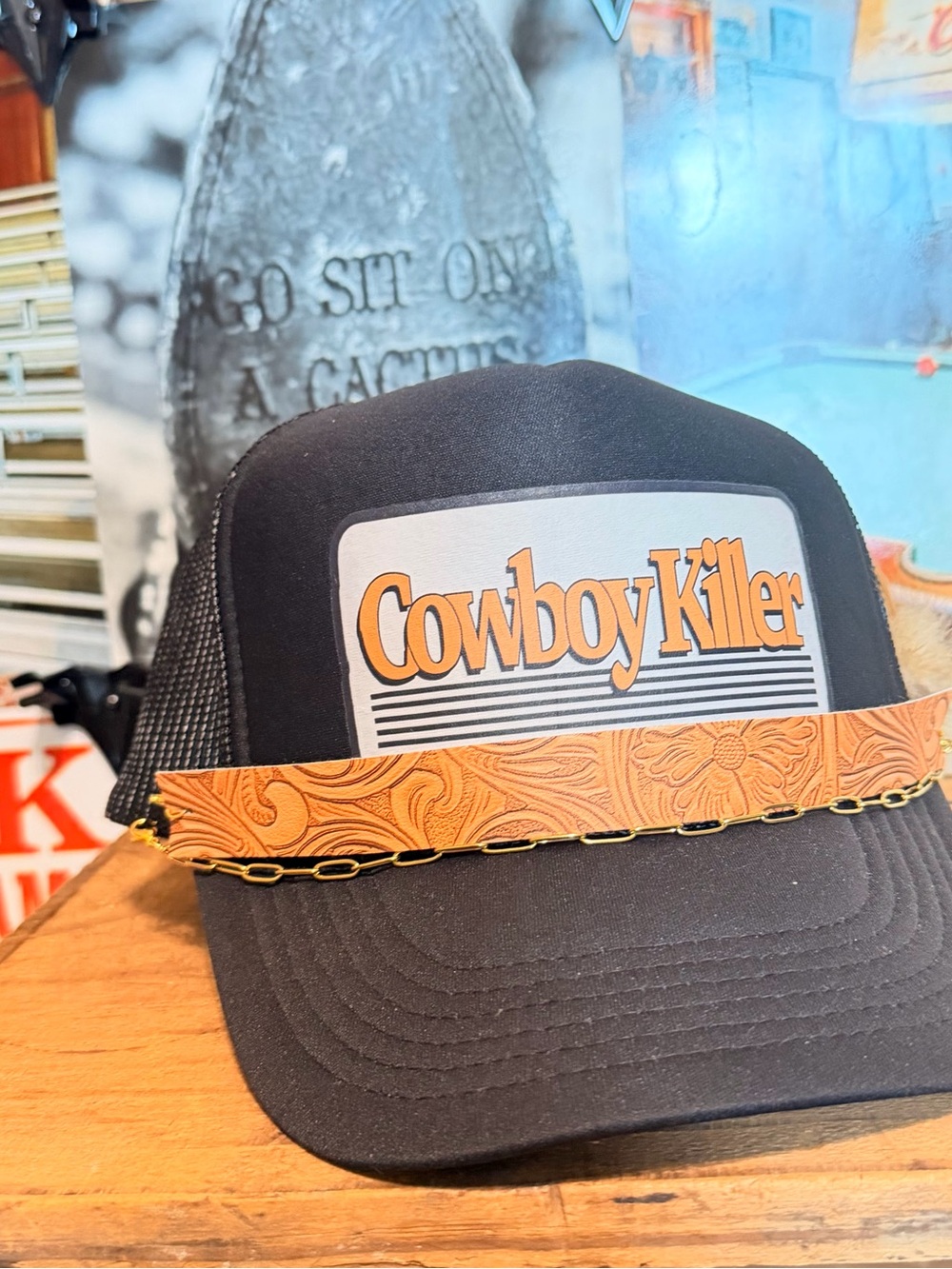 Cowboy Killer Black Trucker Hat with Faux and gold hat chains.